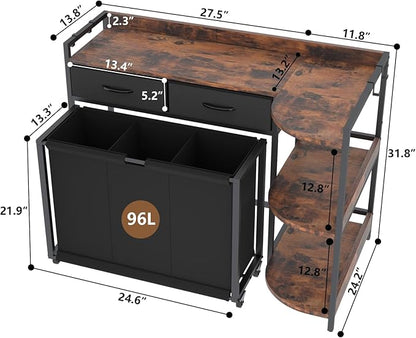 STIKELY L Shaped Laundry Hamper Laundry Basket with 3 Section Pull-Out Rolling Bags & 3-Tier Storage Shelf, Laundry Sorter for Organization and Storage with 2 Drawers for Laundry Room