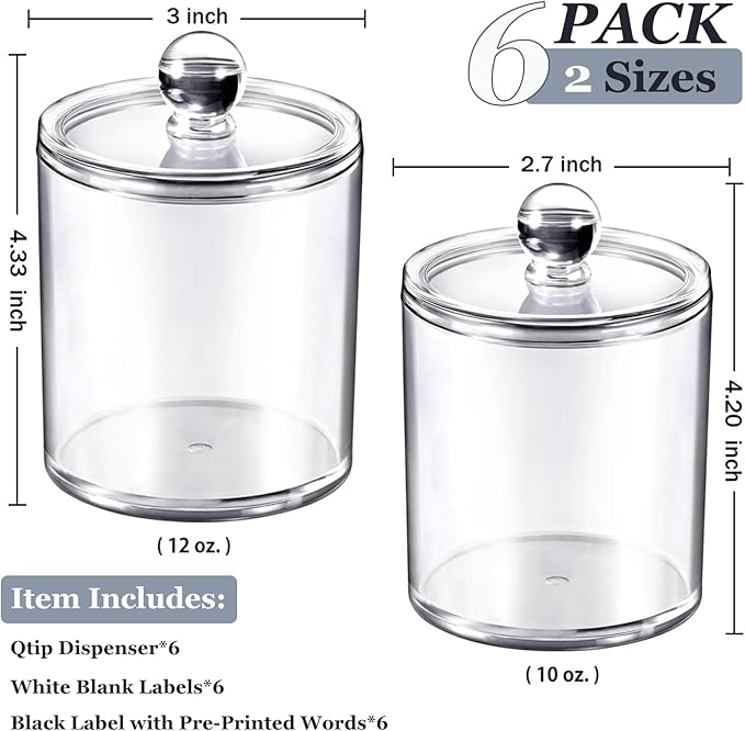 SheeChung 6-Pack Clear Acrylic Apothecary Jars with Labels - (3) 10oz & (3) 12oz Qtip Holder Set - Shatterproof Bathroom Vanity Organizer for Cotton Swabs, Balls, Pads - Minimalist Decor