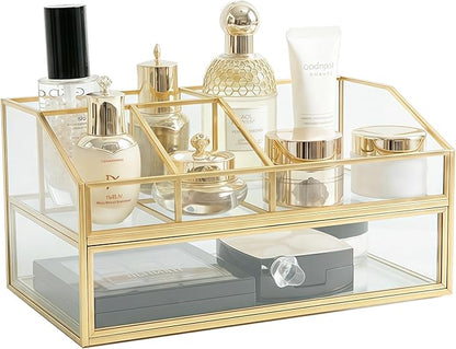 JIARI Glass Makeup Organizer with Drawer, Gold Frame Jewelry Display Box, Nordic Style Cosmetic Storage for Vanity Bathroom Bedroom Office, 9.44x5.43x4.92 Inches (Storage Box-2 Tier)