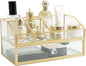 JIARI Glass Makeup Organizer with Drawer, Gold Frame Jewelry Display Box, Nordic Style Cosmetic Storage for Vanity Bathroom Bedroom Office, 9.44x5.43x4.92 Inches (Storage Box-2 Tier)