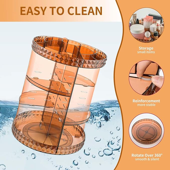 V-HANVER 360 Rotating Makeup Organizer Perfume Organizer Coffee Color Cosmetic Storage Display Case Large Capacity Beauty Holder Adjustable Partition Height for Bedroom Dresser or Bathroom Vanity