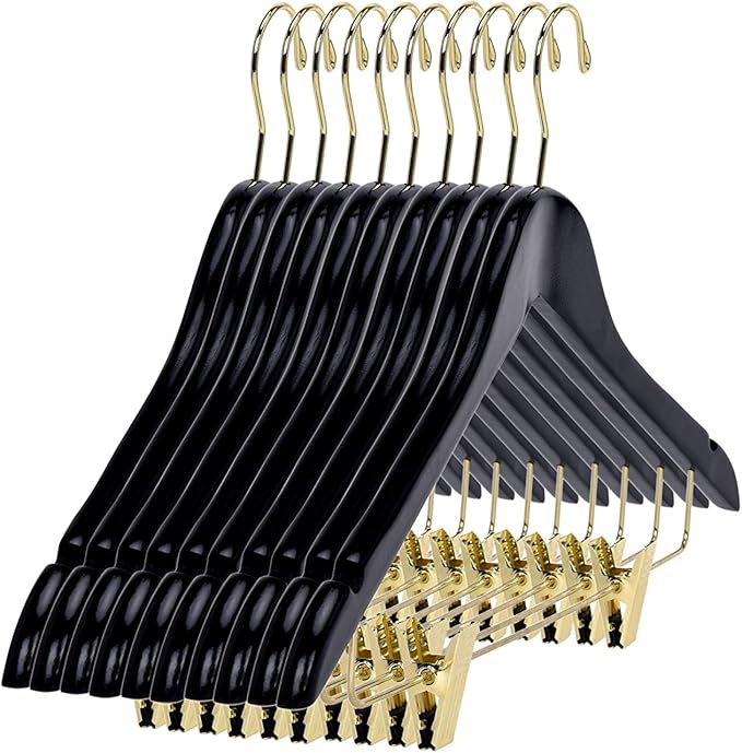 Quality Wooden Skirt Hangers with Clips, 10-Pack Smooth Solid Wood Pants Hangers with Durable Adjustable Metal Clips, Swivel Hook, Coat, Jacket, Blouse Suit Hangers (Black - Gold Hook, 10)