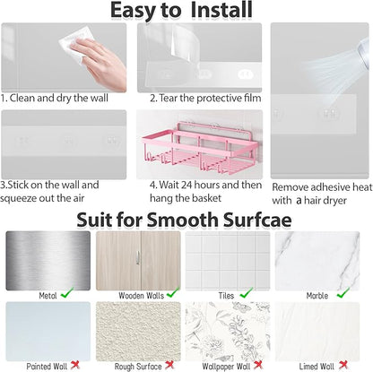 Liuoud 5 Pack Shower Caddy Organizer Rack Shelf for Inside Shower, Adhesive Bathroom Wall Storage Basket Rustproof Stainless Steel Shampoo Holder, Girly Bathroom Accessory Decor Set, Pink
