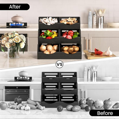 Potato Storage Bins Onion, 3 Tier Bamboo Pantry Storage Bin Stackable Ventilated Organizer for Kitchen, Pantry, Countertop, Bathroom, Black
