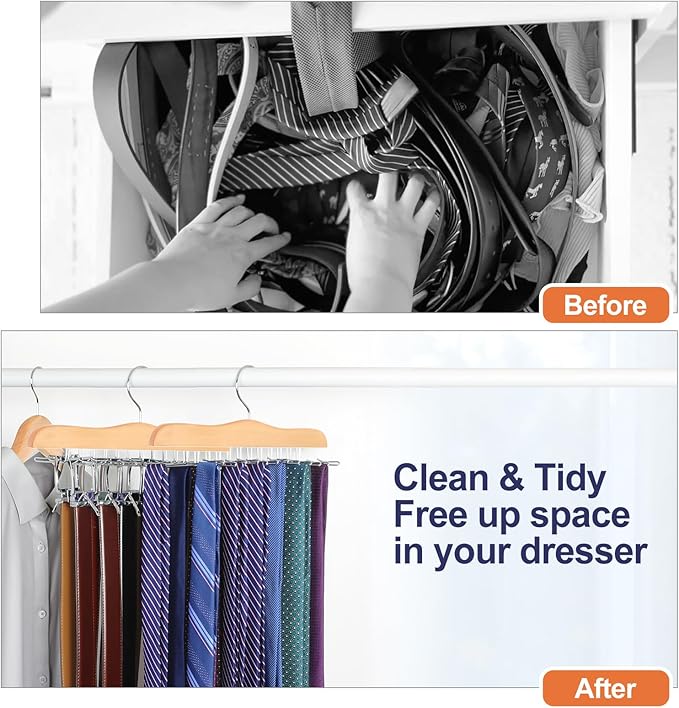 TOPIA HANGER Tie Rack Hanger for Closet 2 Packs, Wooden Tie Organizer for Men with 24 Folding Hooks, Space Saving Necktie Holder for Storage and Display Bra, Tank Top, Camisole (Natural) - CT14N-2