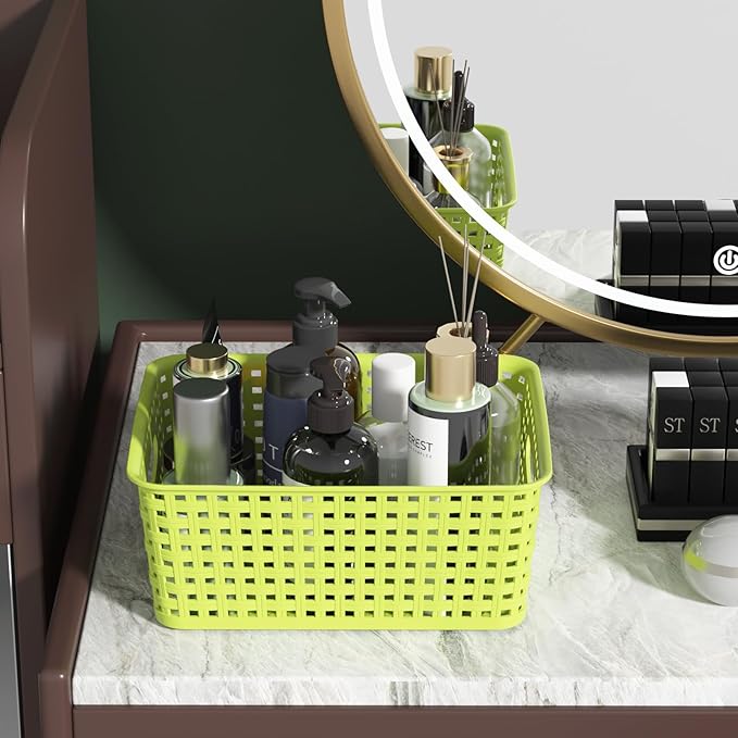 Mixed Color Rectangle Organizer Basket, Plastic Woven Storage Shelf Baskets, 6 Packs