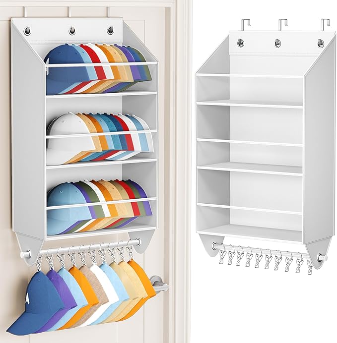 Homsorout Over the Door Hat Rack - 3-Layer Design Hat Organizer Holds 30-36 Hats with 10 Hooks, Ideal Hat Rack for Door, Over the Door Organizer for Closet, Apartment, Bedroom, Dorm, 1 Pack, White