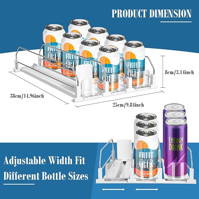 hanmir Drink Organizer for Fridge, Adjustable Width Soda Can Dispenser for Refrigerator Organizers and Storage, 3 Rows Beer Bottle Beverage Holder with Pusher Glide (14.96" D, White)