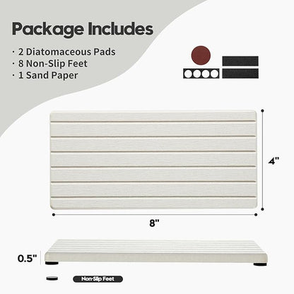 Razborci 2 Pack Greige Bathroom Sink Vanity Trays, Diatomite Stone Kitchen Counter Caddy Dish Soap Dispenser Sponge Holder, Water Absorbing Mat Organizer for Plant,Cosmetic Bottle, Beige, 8"x3.8"