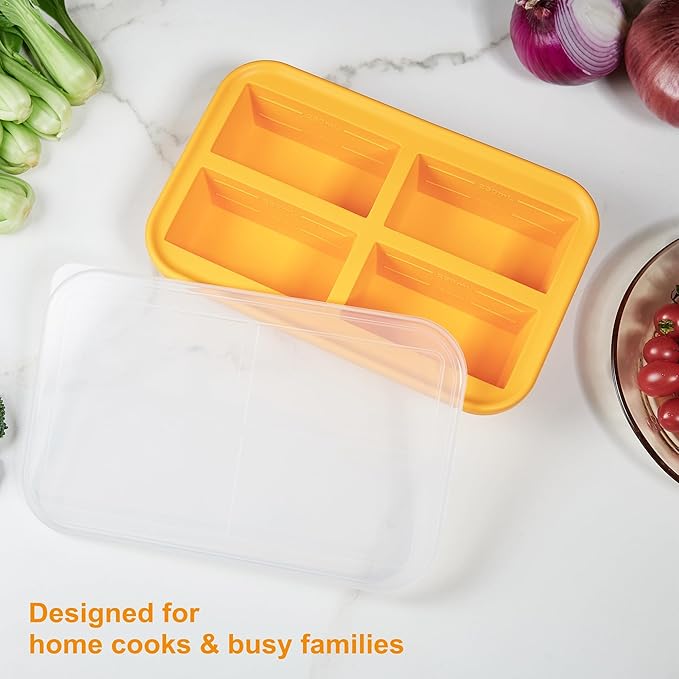 Bangp Silicone Freezer Tray for Soup Ice Cubes,1-Cup Freezing Tray with Lid for Meal Prep,Rice,Broth,Sauce,Leftovers. Makes 4 Perfect 1 Cup Portions. Oven & Dishwasher-Safe