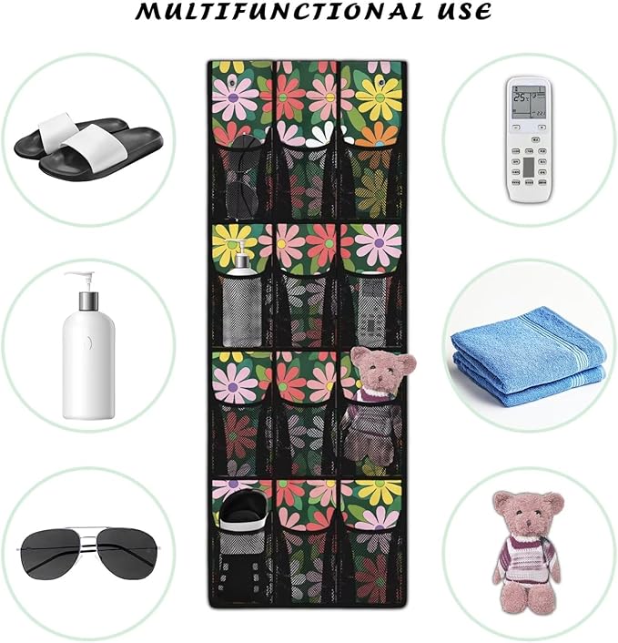 Colorful Hippie Flower Over the Door Shoe Organizer 12 Large Mesh Pockets Hanging Shoe Rack for Door Shoe Storage Organizer Shoe Holder Hanger