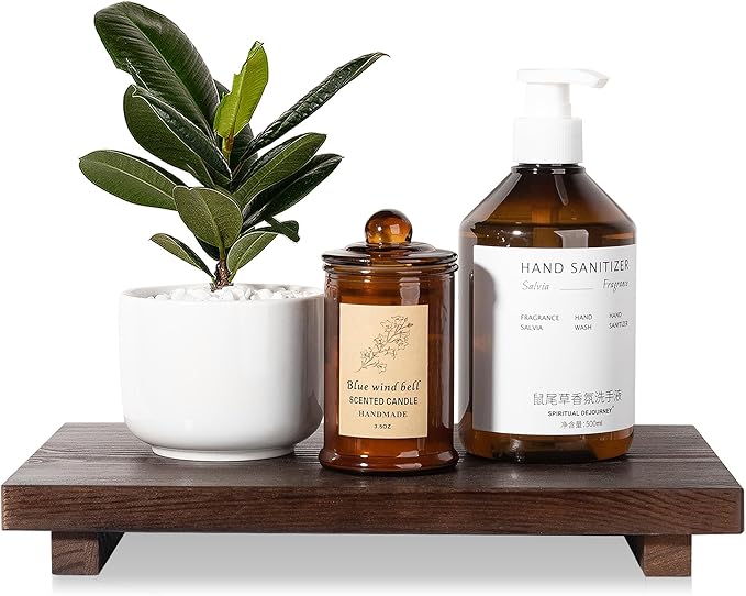 Bathroom Counter Organizer Wood Pedestal Stand Farmhouse Decorative Tray Soap Holder for Kitchen Decor, Large 11.8" x 7" - Walnut