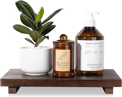 Bathroom Counter Organizer Wood Pedestal Stand Farmhouse Decorative Tray Soap Holder for Kitchen Decor, Large 11.8" x 7" - Walnut