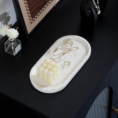 Jewelry Tray Bathtub, Resin Stone Look Decorative Perfume Tray, Bathroom Marble Vanity Organizer Plate Holder for Ring Soap Towel Small Things on Kitchen Sink Countertop (Off White, Large)