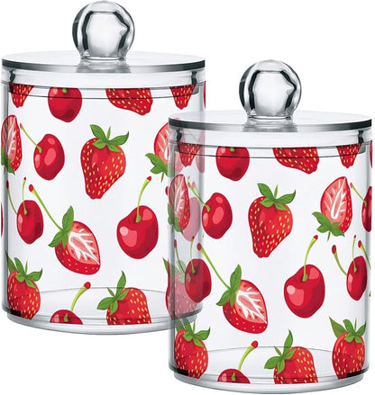 4 Pack Qtip Holder Dispenser Strawberry Cherry Red Cotton Ball Swab Round Pads Floss Clear Bathroom Storage Containers Plastic Apothecary Jars with Lids
