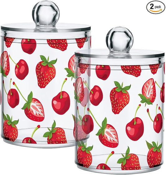 2 Pack Qtip Holder Dispenser for Cotton Ball Strawberry Cherry Red Swab Round Pads Clear Plastic Acrylic Jar Set Bathroom Canister