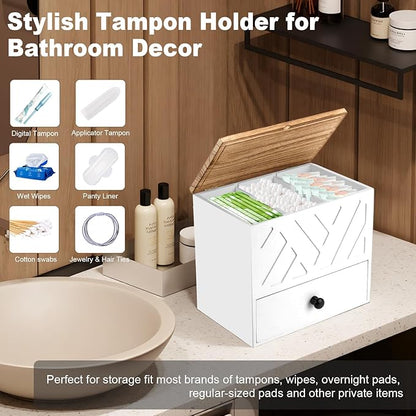 Tampon Holder for Bathroom, Feminine Product Organizer with Lid and Drawer, Shark Week Pad Storage, Wooden Tampon Organizer for Toilet Countertop Decor, Girl Stuff Box Toilet Bathroom Accessories