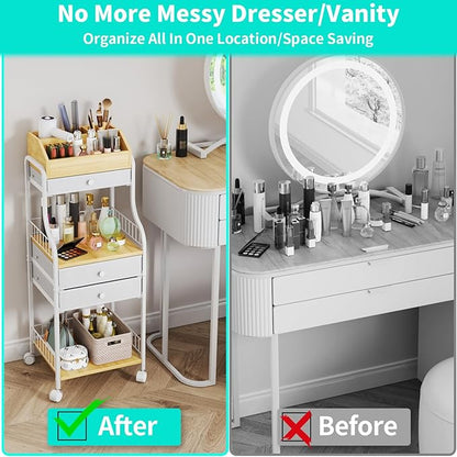 HapiRm Floor Makeup Organizer Cart - Vanity Skincare Beauty Organizers Makeup Storage with Drawers, Cosmetics Display Cases Holder Nail Cart for Hair Accessories Polish Perfume Make up Brush