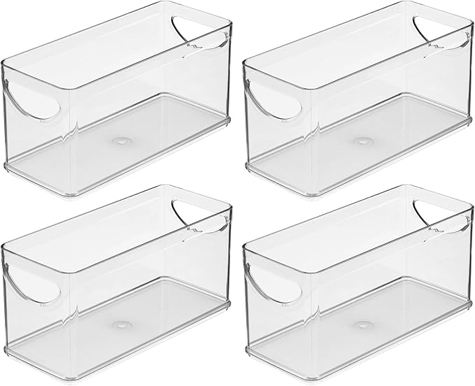 iDesign Narrow Pantry Bin with Handles for Kitchen Cabinets or Fridge, Set of 4, Clear, Made in USA