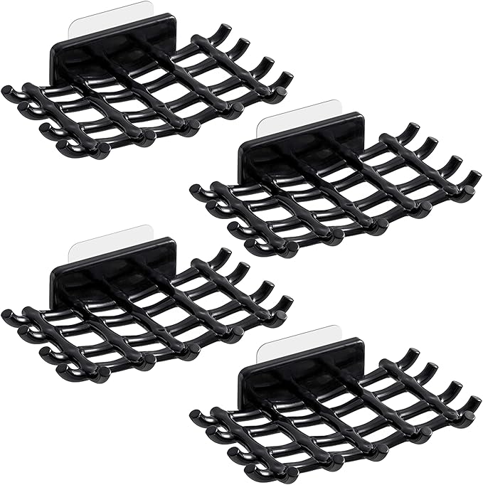 Shower Soap Holder for Wall, Adhesive Bar Soap Dish with Self Draining Grid, Side Hooks and No Drilling Mount, Black, 4 Pack