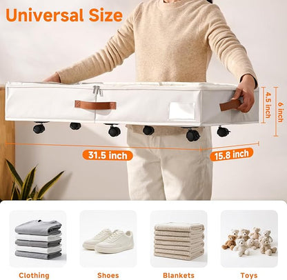 6 Inches Under Bed Storage with Wheels Pack of 2, Underbed Shoe Storage Container Bin with Clear Lid Cover, Rolling Under Bed Drawer Storage Bag Basket for Shoe Organizer Sheet Sweater - White