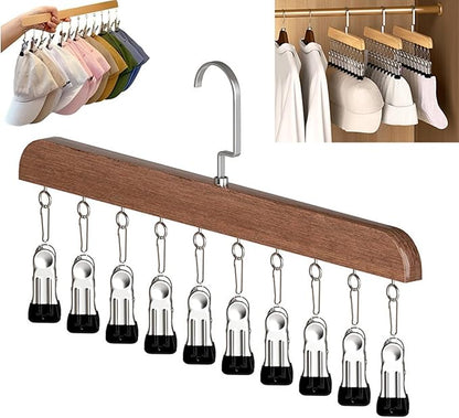 Closet Organizer with 10 Clips, Space Saving Hanging Closet Organizer, Space-Saving Hat Scarf Clothespins for Jeans Skirts Socks Pant Hangers (Brown-10 Clips, 1PC)