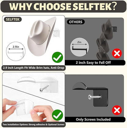 SelfTek 2.9 Inch Cowboy Hat Rack for Wall - 8 Pack Hat Hooks & Holder Hanger, Heavy Duty Adhesive Wall Mount, Western Room Decor for Baseball Cowboy, Sun Hats, Fedora, Wide Brim Hats (Clear)