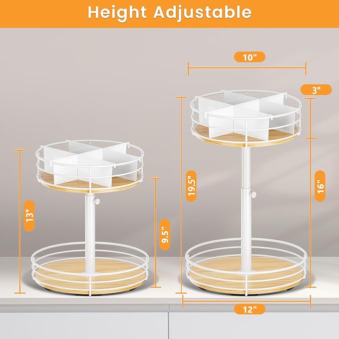 Snack Organizer with Adjustable Height and 360°Rotation, 2 Tier Lazy Susan Snack Storage Holder for Countertop Office Home Breakroom, White