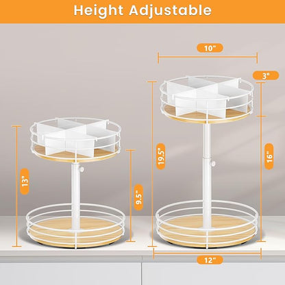 Snack Organizer with Adjustable Height and 360°Rotation, 2 Tier Lazy Susan Snack Storage Holder for Countertop Office Home Breakroom, White
