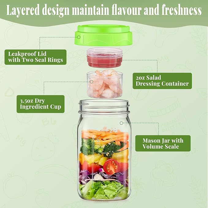 6 Pack Glass Salad Container for Lunch, Salad Jars with Two Dressing Cup for Wet/Dry Separation, Salad Mason Jars with Handle, Leak-proof Meal Prep Containers for Home, Office and Outdoor Use