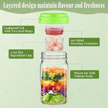 6 Pack Glass Salad Container for Lunch, Salad Jars with Two Dressing Cup for Wet/Dry Separation, Salad Mason Jars with Handle, Leak-proof Meal Prep Containers for Home, Office and Outdoor Use