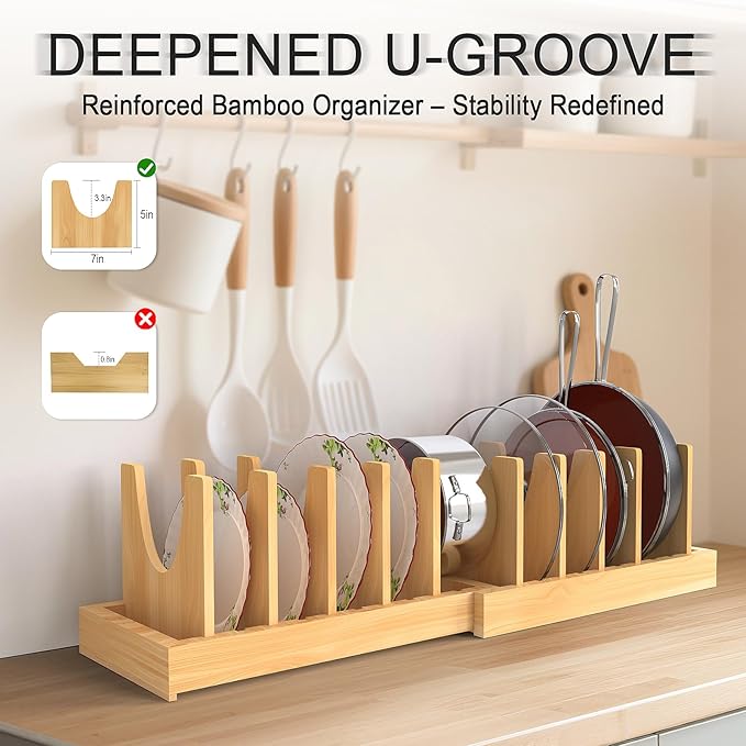 Expandable Bamboo Pot and Pan Organizer Under Cabinet, 2-in-1 Kitchen Pot and Lid Organizer with Adjustable 10 Dividers, Non-Slip Base for Pot Lids Holder, Cutting Board Organizers for Kitchen Storage