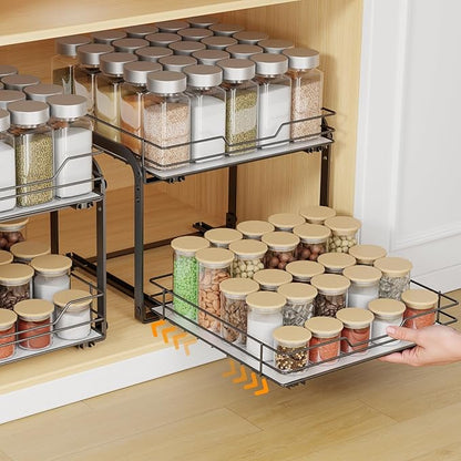 Pull Out Spice Rack Organizer for Cabinet, 2 Tier Spice Rack Organizer for Cabinet, Heavy Duty Slide Out Seasoning Kitchen Organizer, Hold 60 Spice Jar with Labels, 13.58''Wx10.5''Dx9.5''H, Black