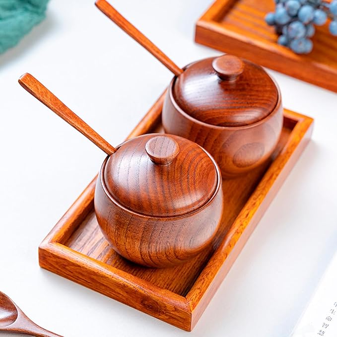 Wood Salt Pepper Bowl, Spice Box with Lid Spoon Salt Cellar Keeper Spice Bowls Cooking Sugar Holder for Kitchen Seasoning Container Holder