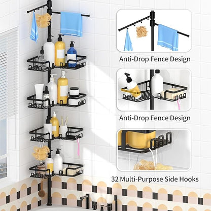 KEGII Shower Caddy Tension Pole with 2 Towel Bars, Corner Shower Organizer Shelves for Bathtub Shampoo Storage, Adjustable Shower Tension Rod with Razor Holder & Hooks