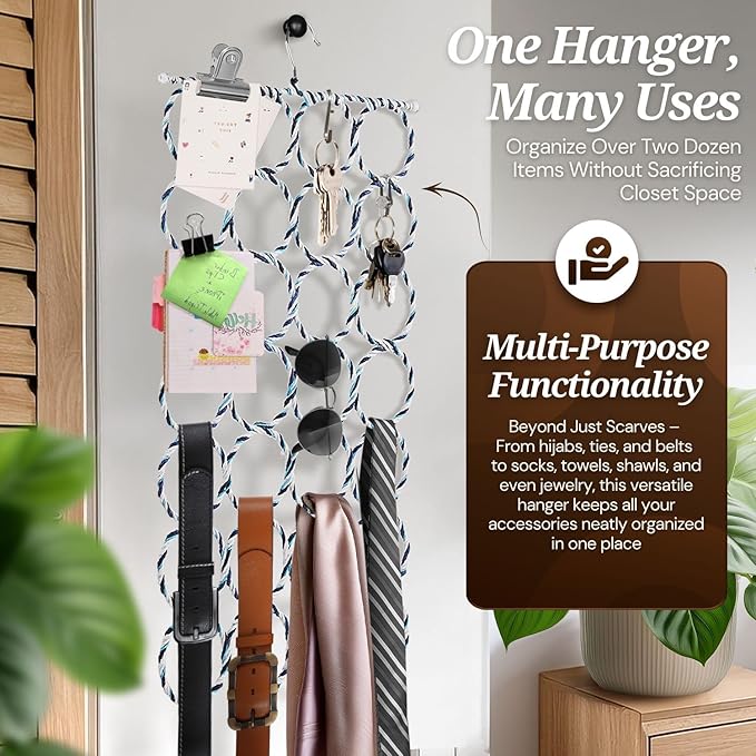 Flexzion Scarf Organizer for Closet - 28 Slot Scarf Hanger Hijab Organizer, Space Saver for Socks, Shawls, Ties, Towels, Belts, Multi Purpose Hanging Rack Storage, 1 Pack Colors May Vary