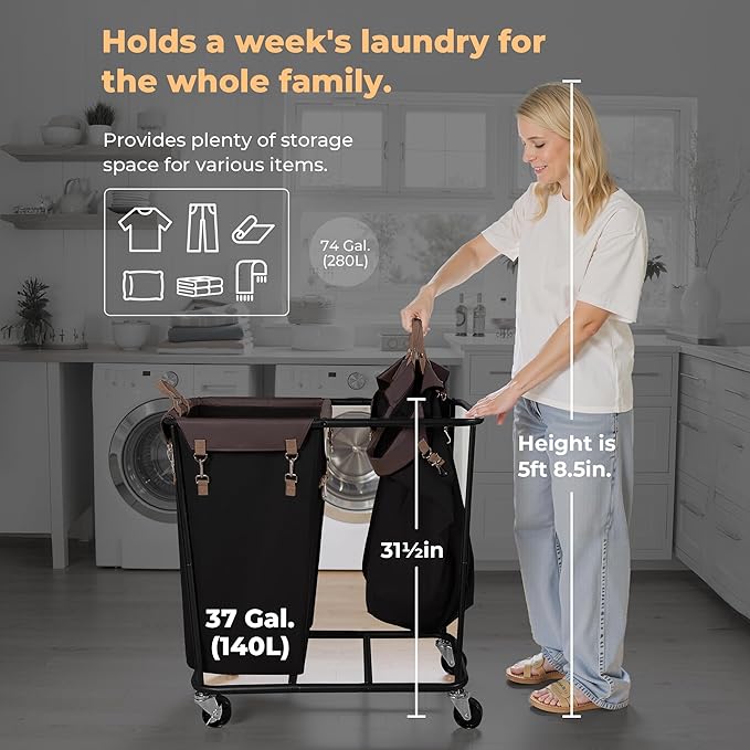 StorageWorks 280L Large Laundry Hamper with Wheels, Laundry Basket with Wheels 2 Sections, Clothes Sorter Cart with Divider for Hotel, Home, Black, 1-Pack