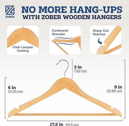 Wooden Hangers - Heavy Duty, Non Slip Wood Hangers for Coats, Jackets, Suits, & Pants - Clothes Hangers for Closet W/Bar and Notches (Natural, 10 Pack)