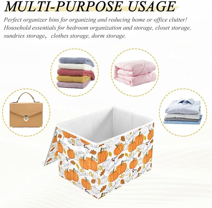 senya Thanksgiving Baskets Collapsible Storage Bins with Lids, Pumpkin Leaf Fall Autumn Thanksgiving Storage Boxes Clothes Baskets for Organizing