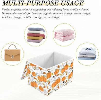 senya Thanksgiving Baskets Collapsible Storage Bins with Lids, Pumpkin Leaf Fall Autumn Thanksgiving Storage Boxes Clothes Baskets for Organizing