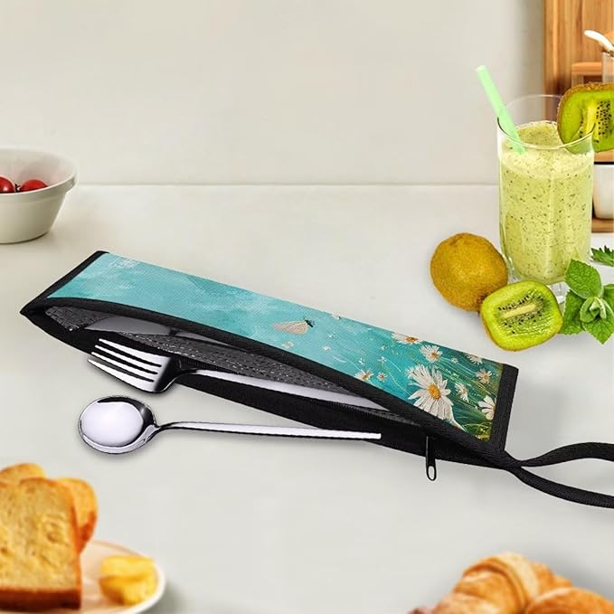 COEQINE Large Utensil Holder Case Fit 11.8X 2.7 Inch Fork Spoon Knife Organizer Countertop Leafproof Machine Washable Lightweight Portable Travel Accessories With Aqua Blue Daisy Flower Butterfly