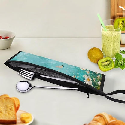 COEQINE Large Utensil Holder Case Fit 11.8X 2.7 Inch Fork Spoon Knife Organizer Countertop Leafproof Machine Washable Lightweight Portable Travel Accessories With Aqua Blue Daisy Flower Butterfly