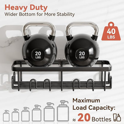 YASONIC Shower Caddy Adhesive 5-Pack, Rustproof Shower Shelves with 24 Hooks, No Drilling Shower Shelf for Inside Shower, Large Capacity Bathroom Organizers and Storage for Dorms & Renters, Black