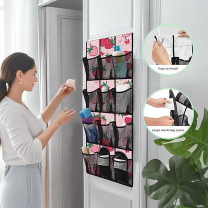 Strawberry Over The Door Shoe Organizer, Hanging Shoe Rack for Closet with 12 Large Mesh Pockets Breathable Non Slip Holder Large Door Hanging Storage Bag for Small Spaces