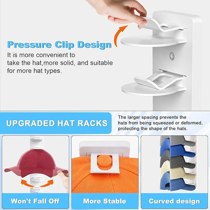 Eiito Hat Organizer for Baseball Caps, 2 Pack Strong Adhesive Hat Rack for Wall, Multilayer Hat Storage Display Holder, Wall Mounted Hat Hooks Hold up to 16 Hats for Closet Door and Bedroom (White)
