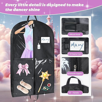 Sishynio Garment Bags for Dance Costumes 2 Pack, 43 Inch Black Kids Garment Bag with 5 Pockets, Waterproof Hanging Clothes Bag for Dance Competitions Cheer Uniform Suit Travel