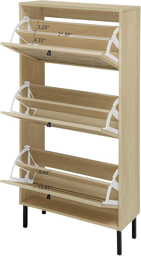 ZeHuoGe Rattan Shoe Cabinet with 3 Flip Drawers, Narrow Hidden Shoe Rack Storage Cabinet for Heels, Slippers, Entrance Hallway Entryway (Natural)