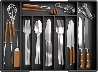 Kitsure Silverware Organizer for Drawers - Expandable Cutlery and Utensil Drawer Organizer with Easy Maintenance, Premium PP Kitchen Organizers and Storage for Flatware, Black, 20.3" x 13.8" x 1.6"