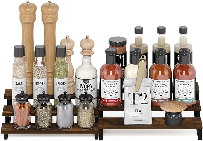 Furinno RAVEL Kitchen Countertop Organizer Set of 2, 3-Tier Counter Shelves, Kitchen Storage, Expandable, Spice Rack, for Pantry, Coffee Bar, Amber Pine