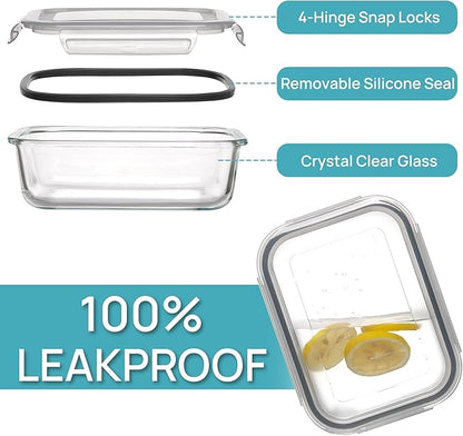 Vtopmart 10 Pack 35oz Glass Food Storage Containers with Lids, Meal Prep Containers, Airtight Reusable Lunch Container Set, Safe for Oven, Microwave, Freezer, and Dishwasher, Grey